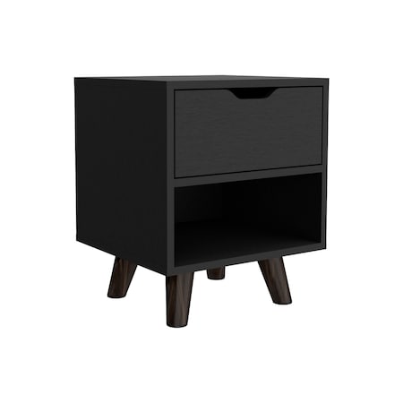 TUHOME Crail Nightstand with 1 Open Storage Shelf. 1 Drawer and Wooden Legs- Black MLW9052